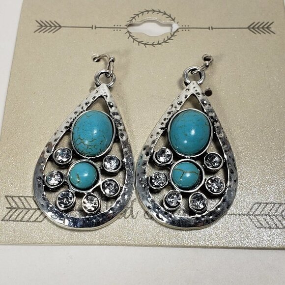 Water Drop Shape Hammered Silver-tone Turquoise Stone, Crystal Teardrop Earrings - Picture 4 of 8